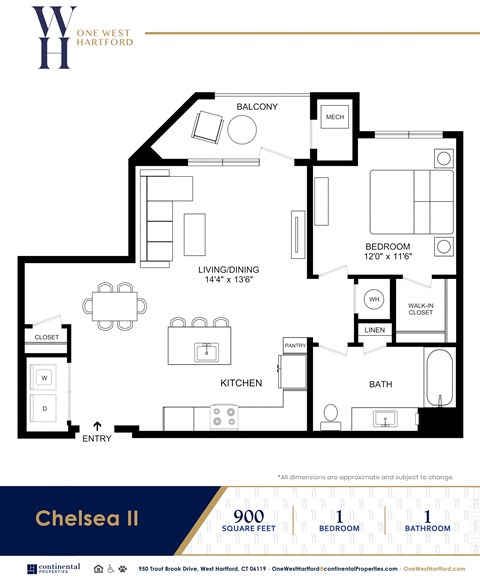 Floor plan for 1 bed, 1 bath, 900 sqft